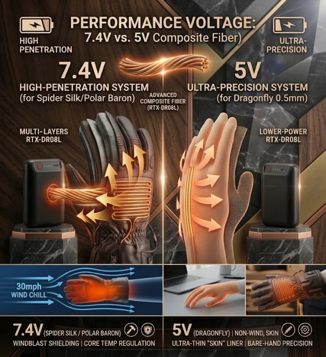 Arcfomor 7.4V vs 5V heated gloves technical showdown comparison: Composite Fiber vs thin mesh liners for penetration vs precision.
