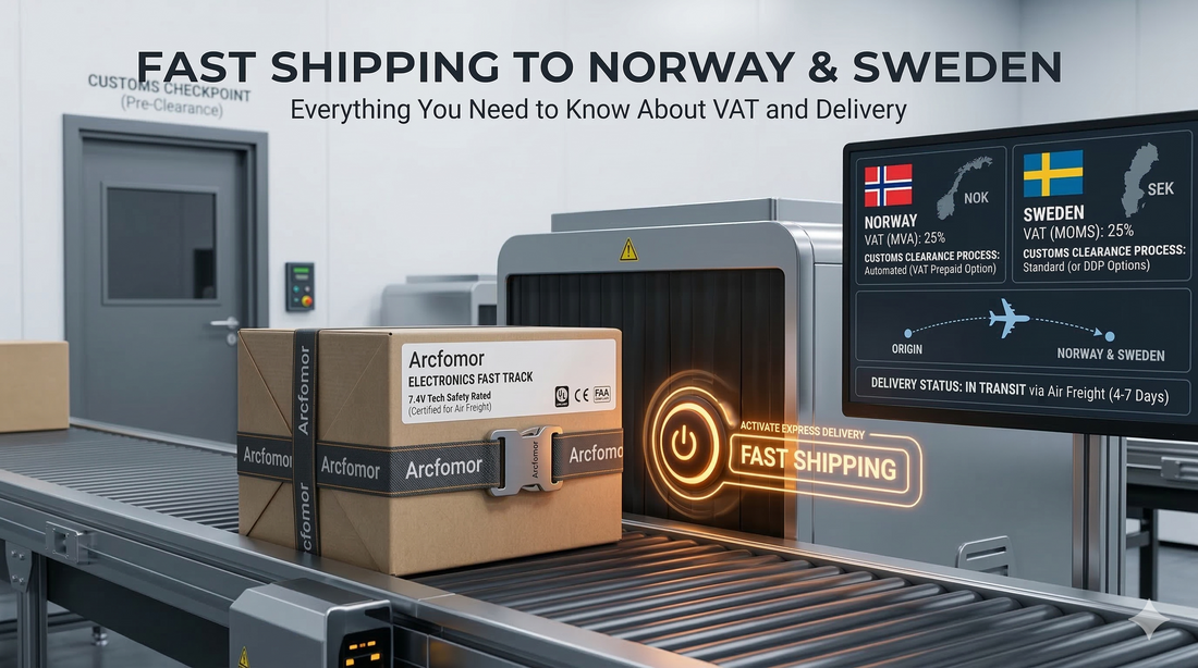 Arcfomor electronics fast track package on a conveyor belt with a screen displaying 25% VAT for Norway (NOK) and Sweden (SEK), automated customs clearance, and air freight delivery status.