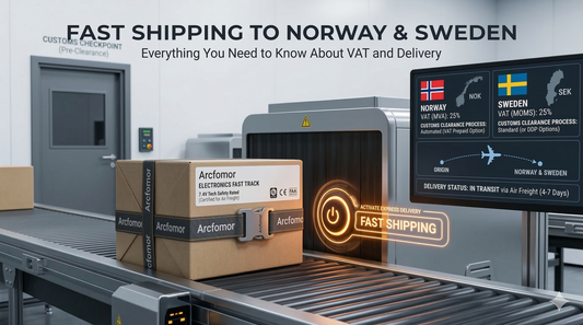 Arcfomor electronics fast track package on a conveyor belt with a screen displaying 25% VAT for Norway (NOK) and Sweden (SEK), automated customs clearance, and air freight delivery status.
