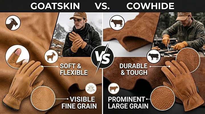 Technical comparison of 100% premium goatskin vs cowhide leather for Arcfomor 7.4V professional heated gloves.
