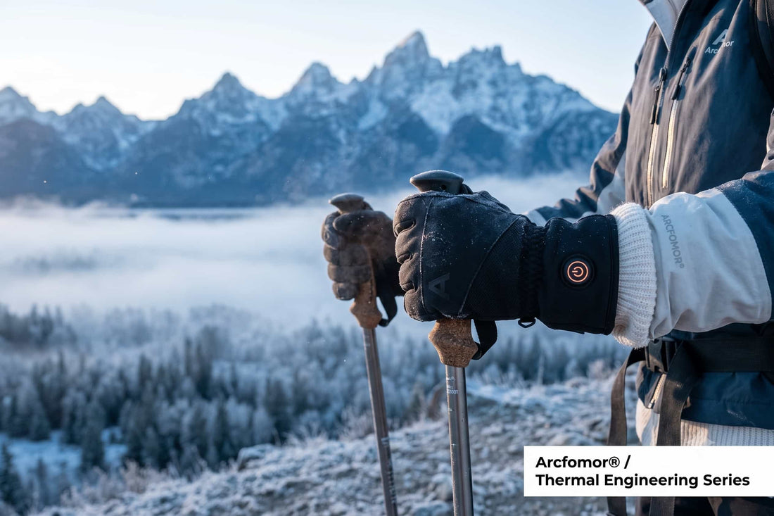 Arcfomor 7.4V professional heated gloves injecting continuous thermal relief for Raynaud's phenomenon and severe cold hands.