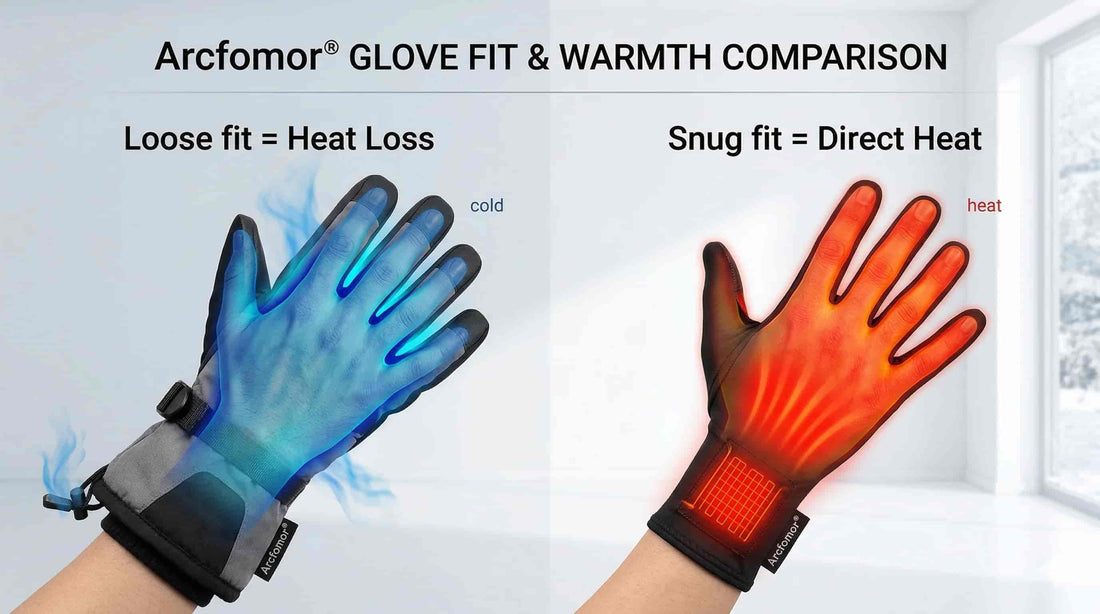 Comparison of Arcfomor® heated glove fit showing how a snug fit ensures direct heat and maximum warmth, while a loose fit causes heat loss.