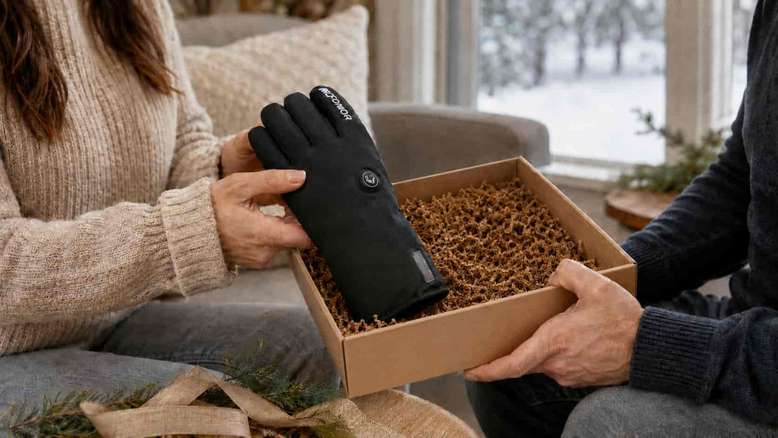 Woman receiving a black Arcfomor heated glove as a practical winter gift