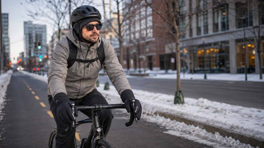 Winter cyclist wearing Arcfomor Feather heated gloves on a cold urban commute