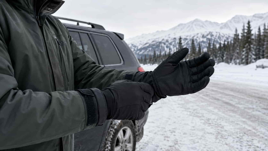 Traveler adjusting black insulated winter gloves beside a vehicle on a snowy Alaska road