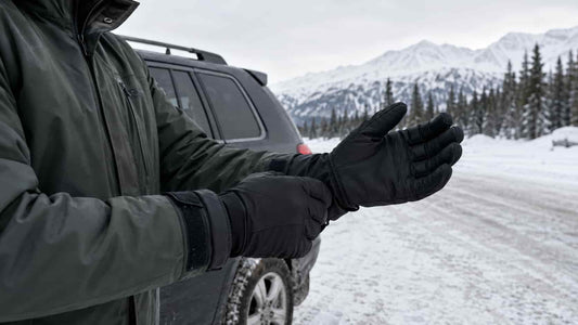 Traveler adjusting black insulated winter gloves beside a vehicle on a snowy Alaska road
