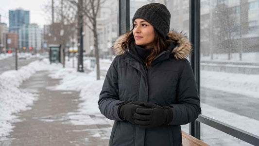 Woman wearing black insulated gloves while waiting at a snowy Edmonton transit stop