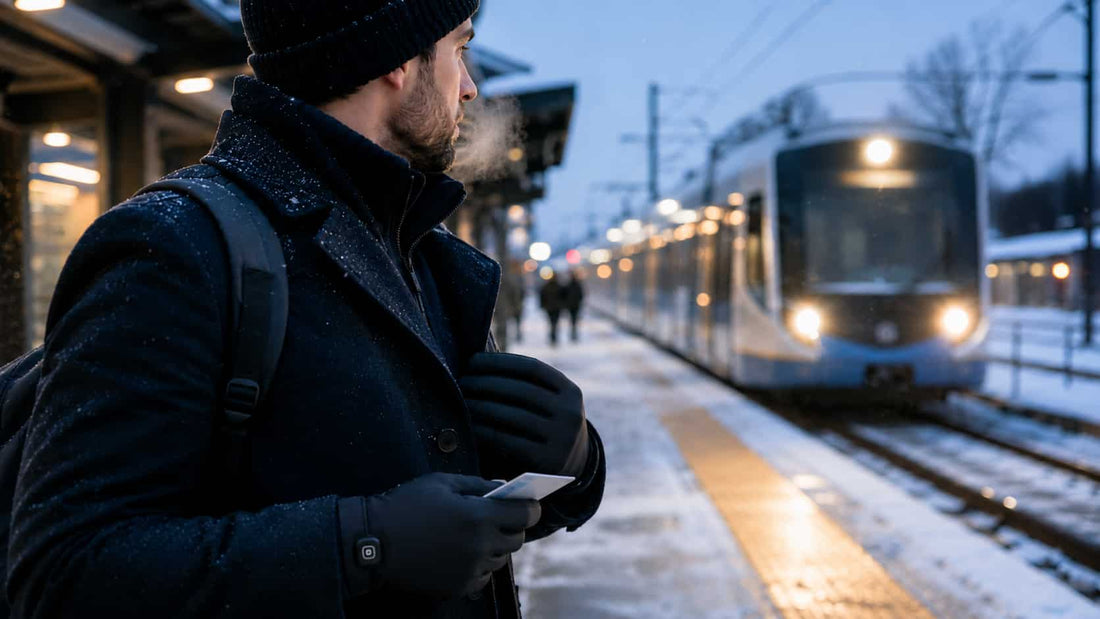 Commuter wearing slim heated gloves while waiting at a snowy city train platform