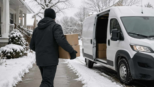 Delivery driver carrying packages from a parked van while wearing slim heated gloves on a snowy route