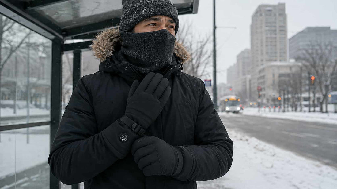 Winnipeg commuter wearing WinterGlow heated gloves with a visible wrist heat control while waiting at a snowy city bus stop