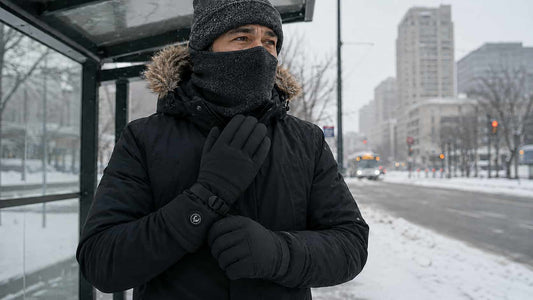 Winnipeg commuter wearing WinterGlow heated gloves with a visible wrist heat control while waiting at a snowy city bus stop