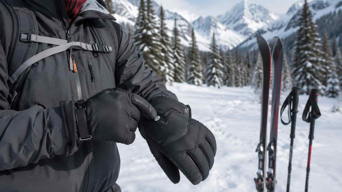 Winter athlete wearing heated gloves at a snowy mountain trailhead