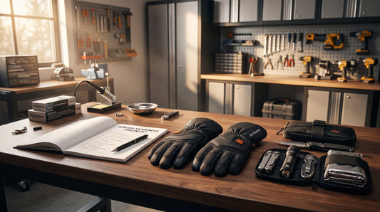 A winter gear audit checklist on a sunlit garage workbench next to premium tactical heated gloves and emergency tools, illustrating how to inspect professional 7.4V heated gear during off-season.