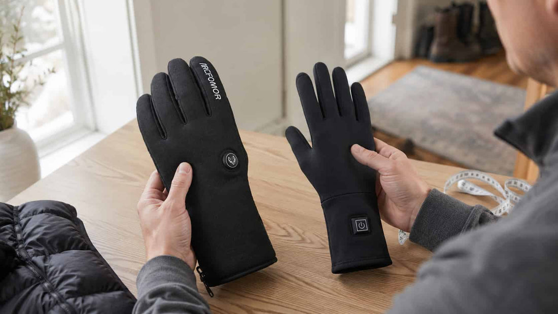Shopper comparing an Arcfomor heated glove and heated liner before buying
