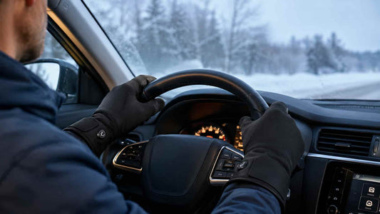 Driver wearing slim heated gloves to keep hands warm on a cold steering wheel