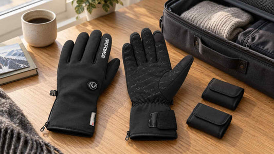 Feather heated gloves beside an open carry-on bag and two protective battery pouches, prepared for winter travel