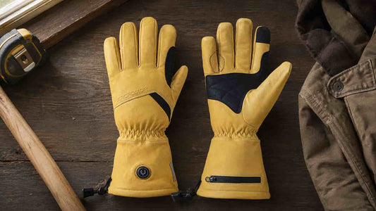 Yellow Vellum 2.0 goatskin heated work gloves shown from the back and palm on a winter workbench