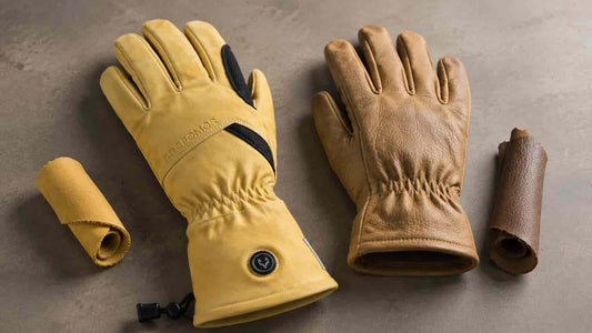 Yellow Vellum 2.0 goatskin heated glove beside an unbranded cowhide work glove and leather swatches