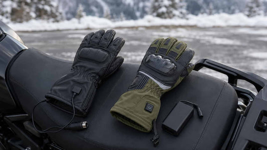 Hardwired and battery-powered heated motorcycle glove systems arranged beside a motorcycle