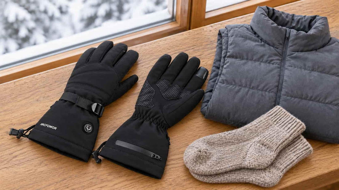 WinterGlow heated gloves resting on an entryway console, showing the wrist control and palm construction