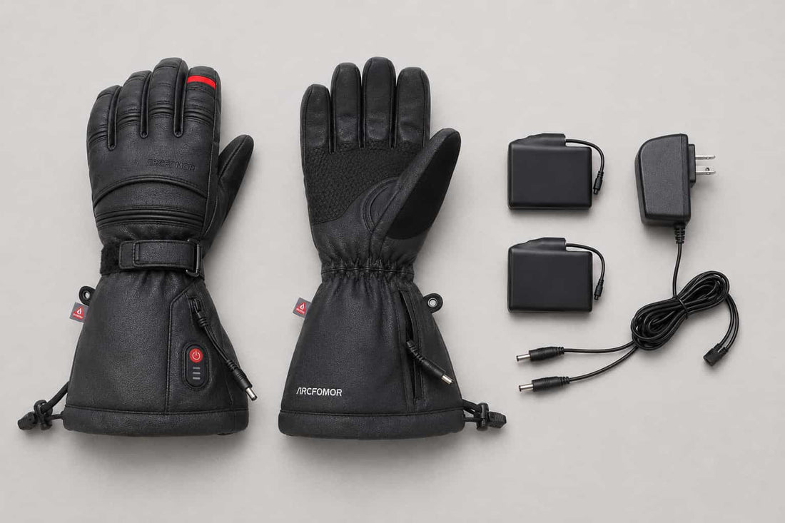 Arcfomor heated gloves with two rechargeable battery packs and an approved wall charger arranged for a battery safety check