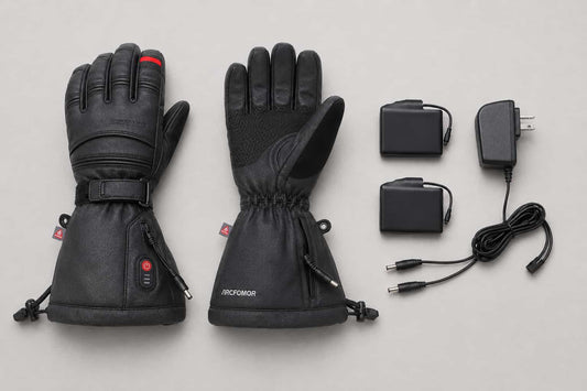 Arcfomor heated gloves with two rechargeable battery packs and an approved wall charger arranged for a battery safety check