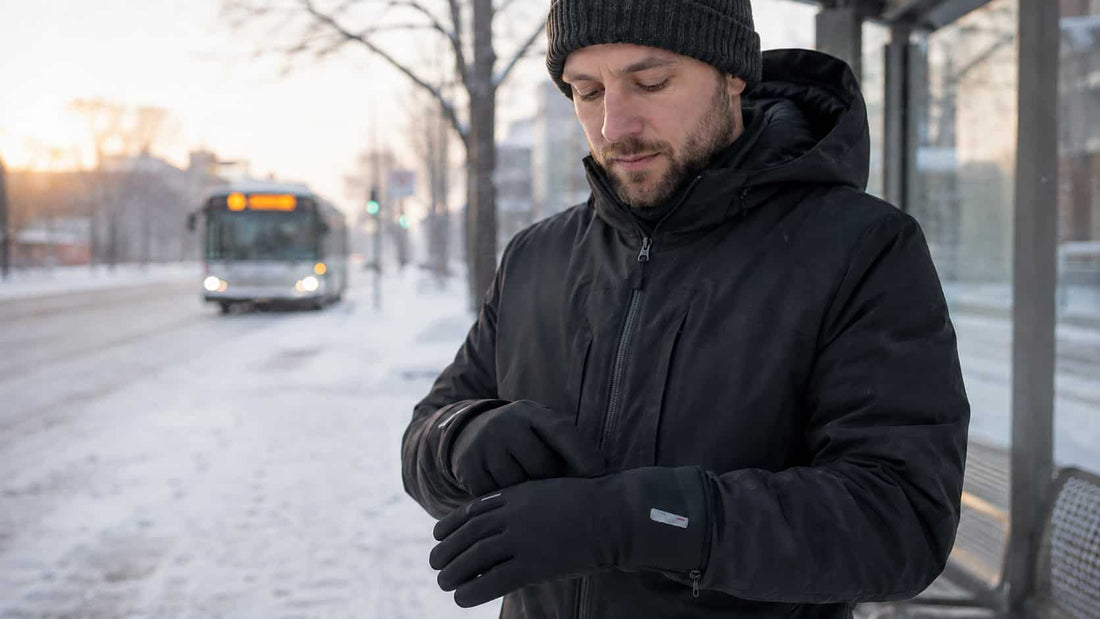 Person adjusting the heat setting on an Arcfomor heated glove in cold weather