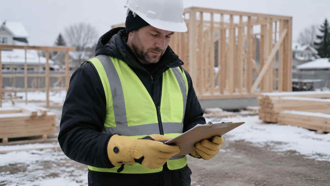 Construction worker wearing yellow Vellum 2.0 heated gloves while reviewing plans at a snowy residential jobsite