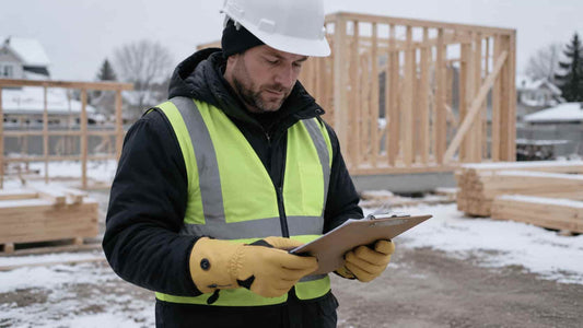 Construction worker wearing yellow Vellum 2.0 heated gloves while reviewing plans at a snowy residential jobsite