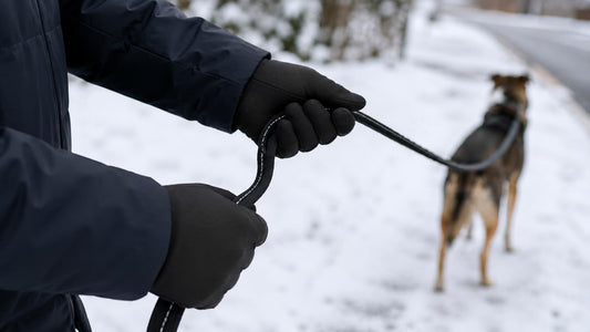 Person wearing black heated gloves while walking a dog along a snowy wooded path