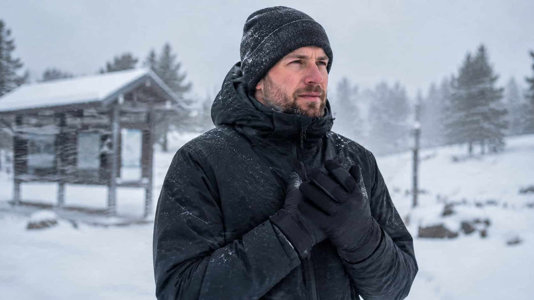 Person wearing insulated heated gloves in strong wind and blowing snow during extreme cold