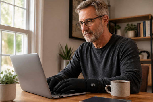 Adult wearing thin heated gloves while working comfortably at home