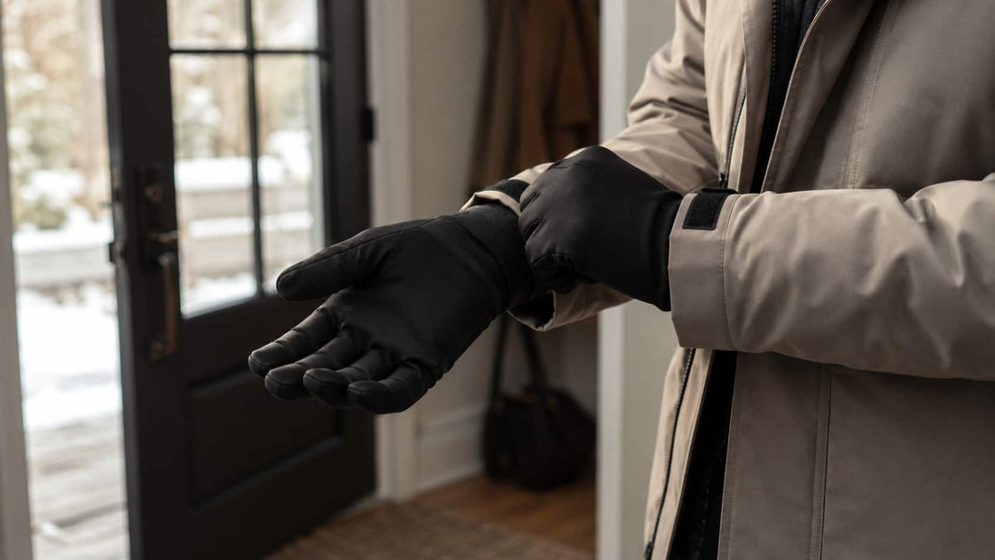 Person wearing lightweight heated gloves for everyday hand warmth in cold weather