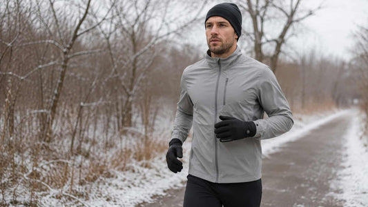 Winter runner wearing Arcfomor Feather heated gloves on a snow-dusted park trail