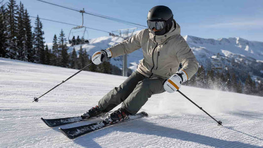 Skier wearing heated gloves on a cold mountain slope