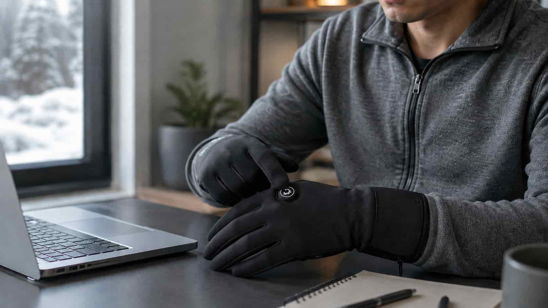 Person adjusting the heat setting on slim heated gloves during extended cold-weather use