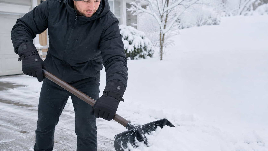 Person wearing black WinterGlow heated gloves while shoveling snow from a residential driveway