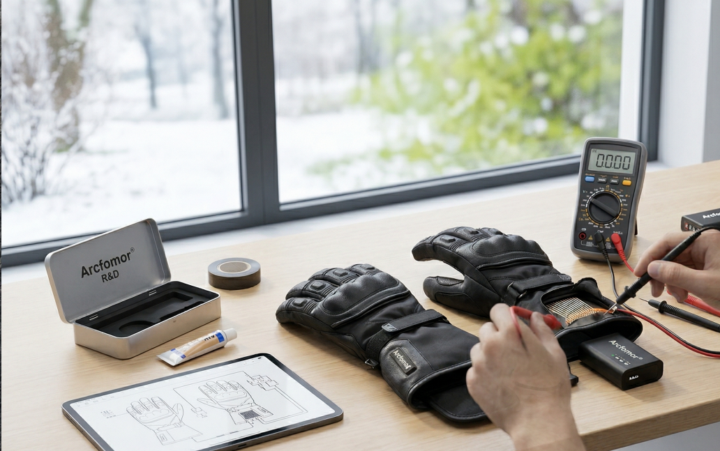 Arcfomor heated gloves stop working troubleshooting guide, showing a person inspecting the internal battery and wiring filaments with a multimeter and tools on an R&D workstation, with summer storage and spring view in the background.