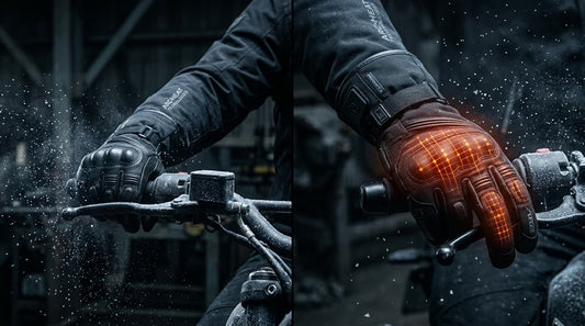 Arcfomor 7.4V heated glove with composite fiber heating matrix gripping handlebar in cold winter conditions