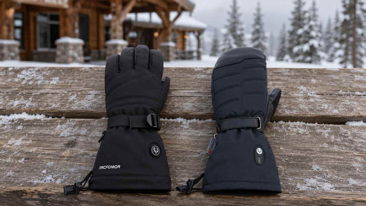 WinterGlow five-finger heated glove and Niagara Stone heated mitten compared on a snowy lodge bench