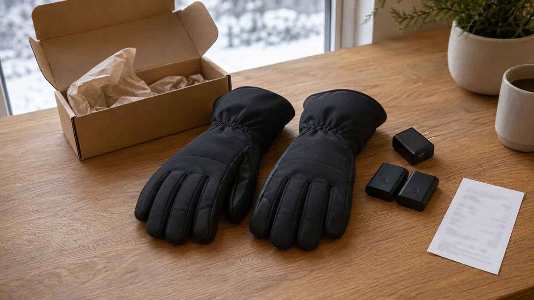 Black heated gloves, batteries, charger and proof of purchase arranged for a warranty review