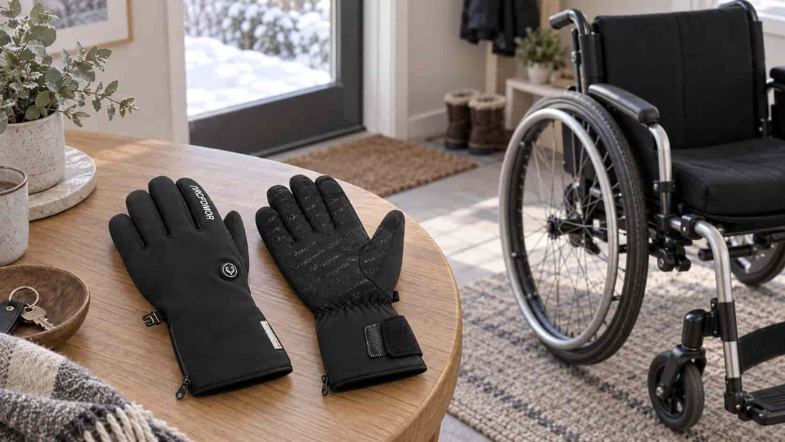 Black Feather heated gloves resting on a wooden table beside a parked wheelchair near a home entrance in winter