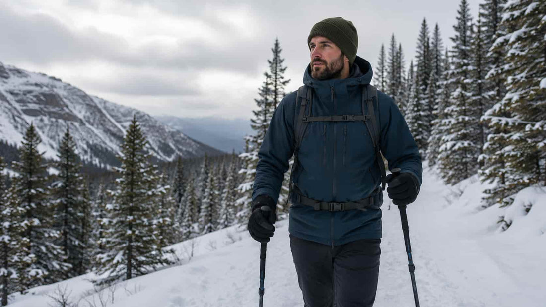 Winter hiker wearing WinterGlow heated gloves while using trekking poles on a snowy trail