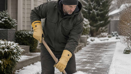Person wearing Vellum 2.0 heated work gloves while clearing snow from a residential walkway