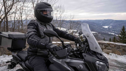 Winter rider wearing Arcfomor Basalt heated motorcycle gloves while holding touring motorcycle handlebars