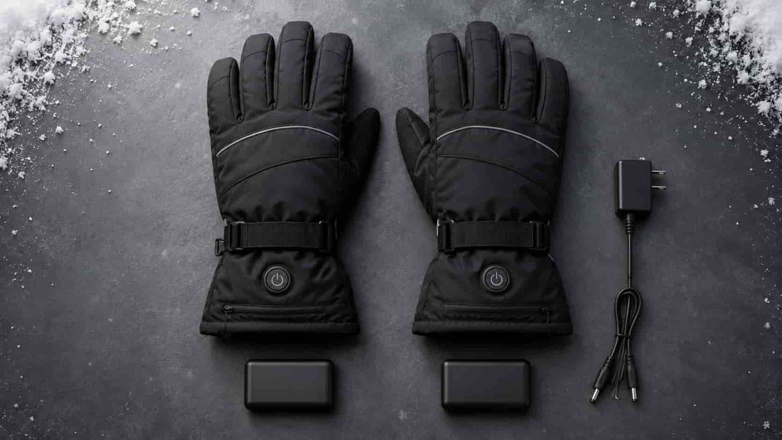Black heated gloves with visible wrist controls, two rechargeable batteries and a compatible dual charger