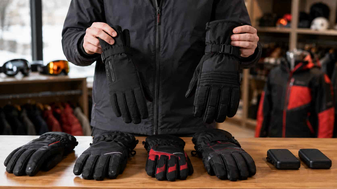 Shopper comparing slim and insulated heated gloves before buying