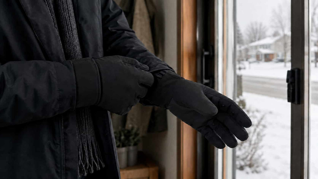 Person putting on black heated gloves before heading outside on a snowy winter day