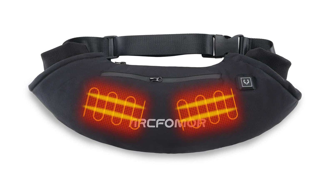 Arcfomor WarmHeart rechargeable heated hand muff with illustrated heating zones