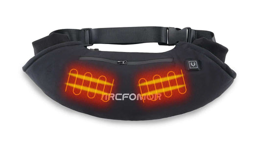 Arcfomor WarmHeart rechargeable heated hand muff with illustrated heating zones